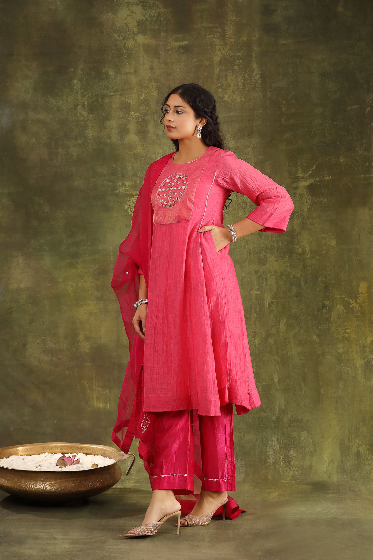 Neon Pink Mirror Work Silk Chanderi Suit Set