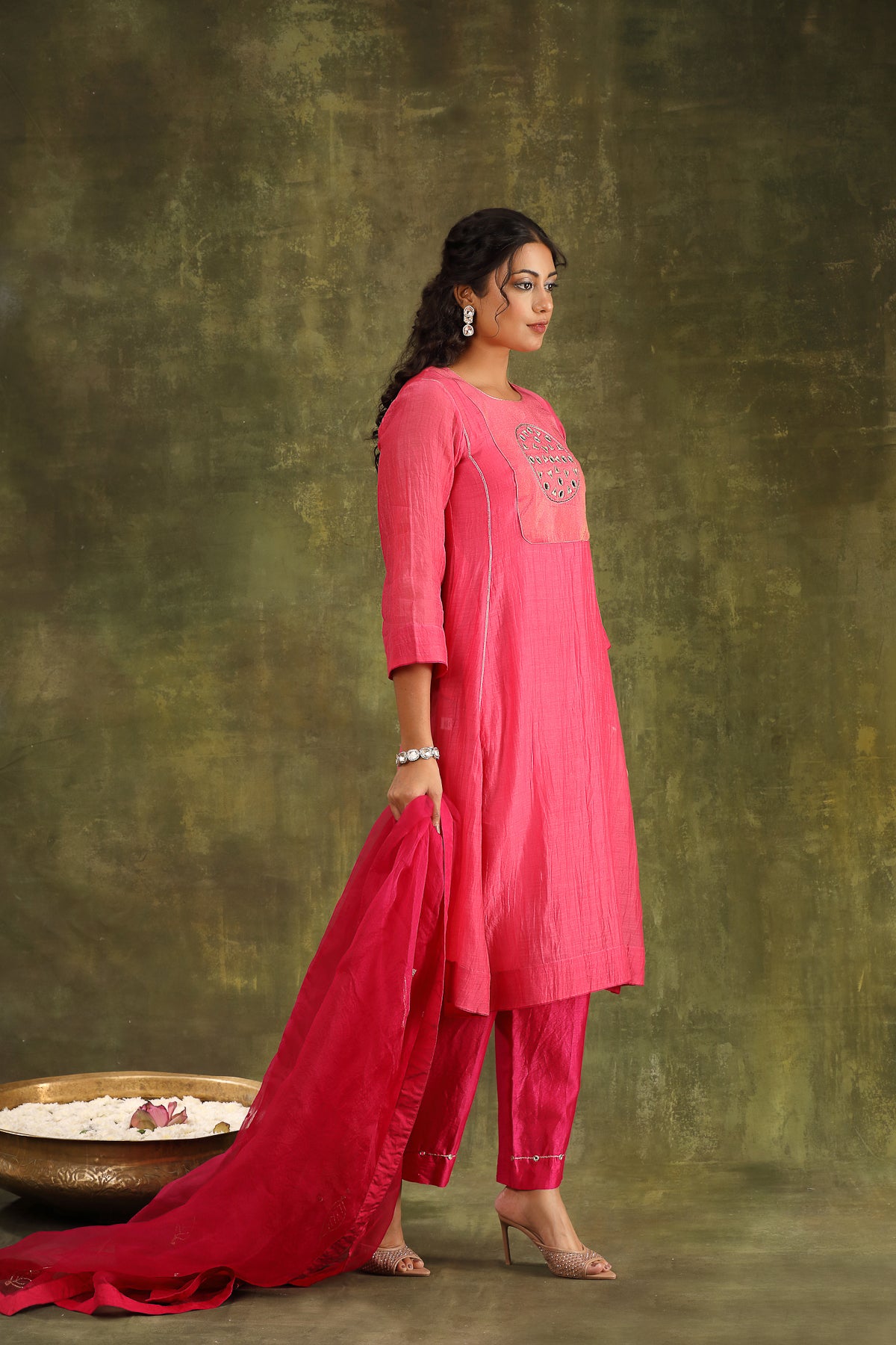 Neon Pink Mirror Work Silk Chanderi Suit Set