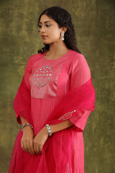 Neon Pink Mirror Work Silk Chanderi Suit Set