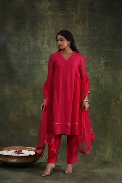 Magenta Pink Abstract Hand Embroidered Silk Chanderi Suit Set