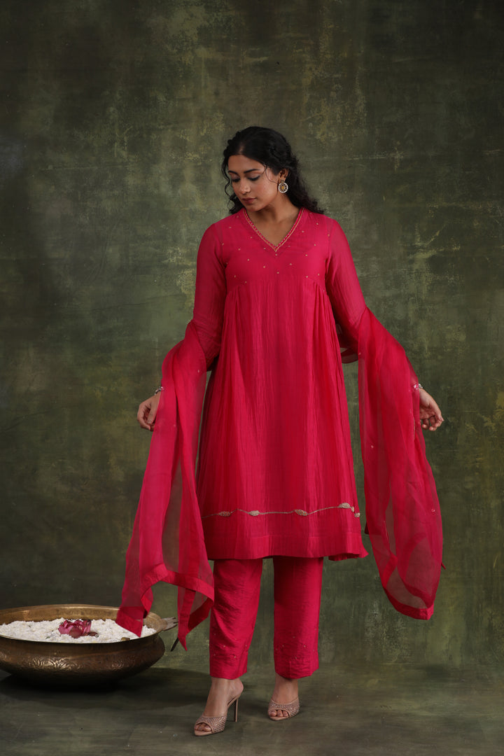 Magenta Pink Abstract Hand Embroidered Silk Chanderi Suit Set