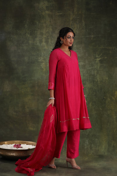 Magenta Pink Abstract Hand Embroidered Silk Chanderi Suit Set