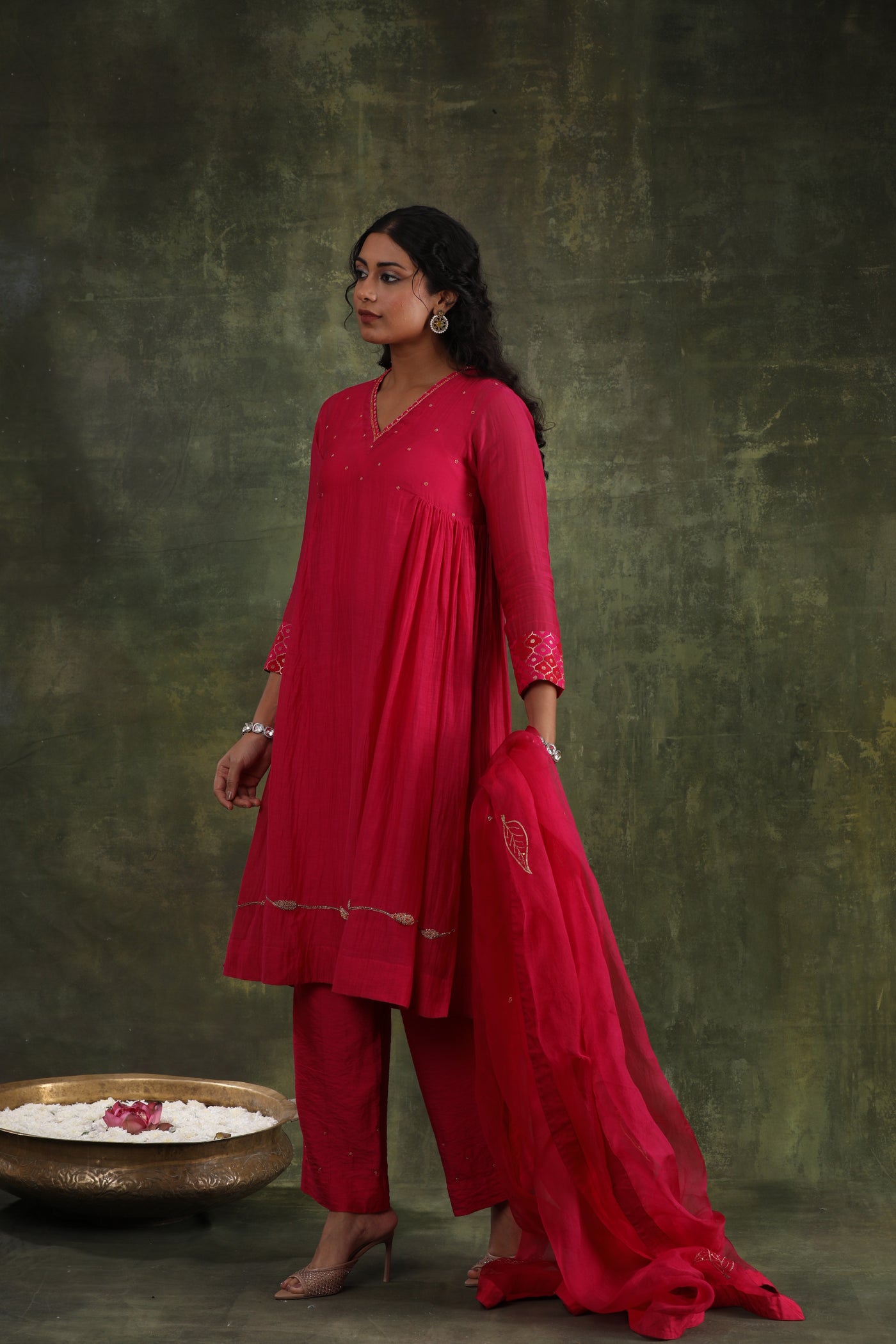 Magenta Pink Abstract Hand Embroidered Silk Chanderi Suit Set