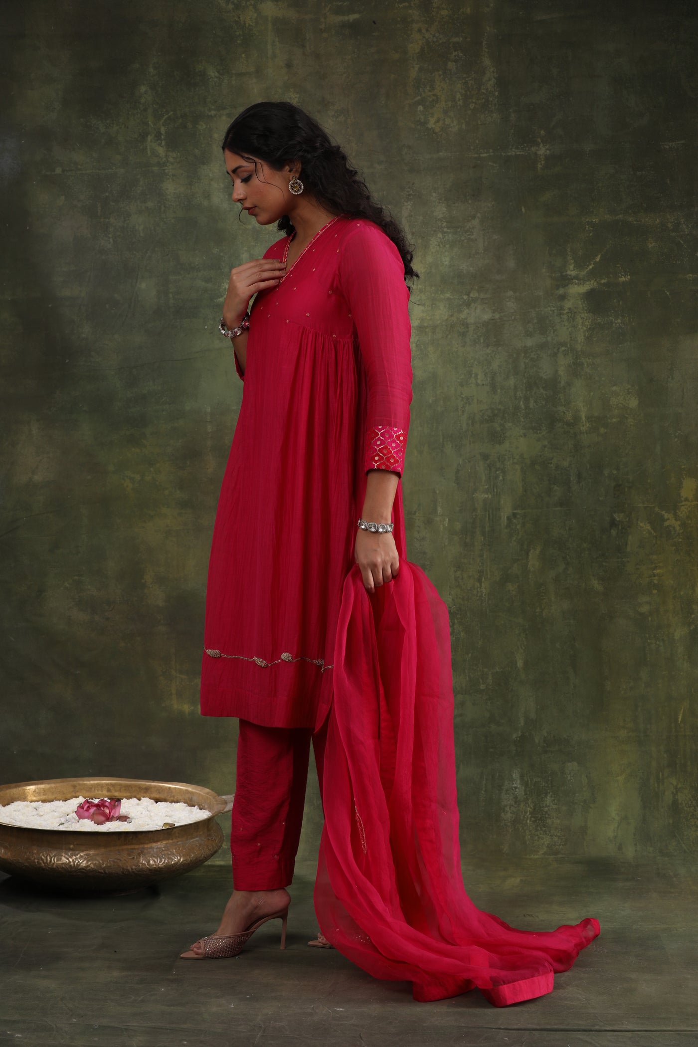 Magenta Pink Abstract Hand Embroidered Silk Chanderi Suit Set