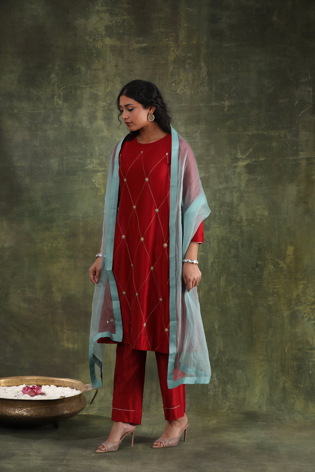 Magenta Pink Green Hand Embroidered Silk Chanderi Suit Set