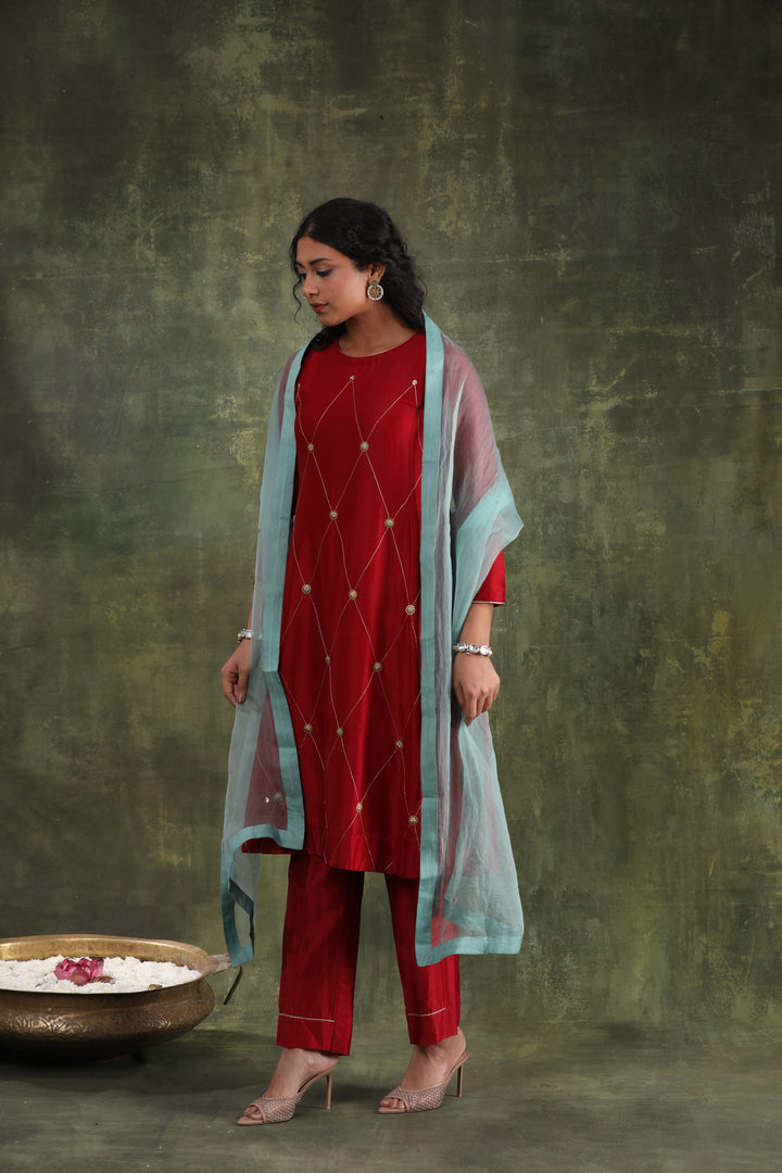 Magenta Pink Green Hand Embroidered Silk Chanderi Suit Set