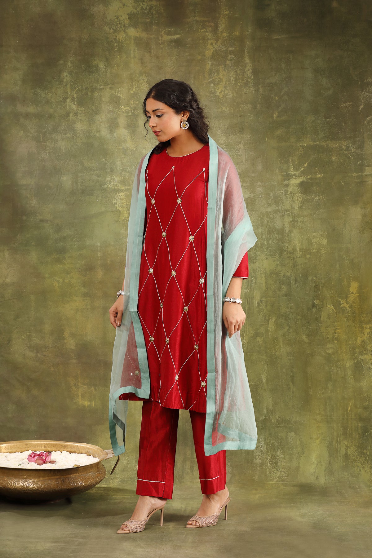 Red Hand Embroidered Ginni Silk Chanderi Suit Set