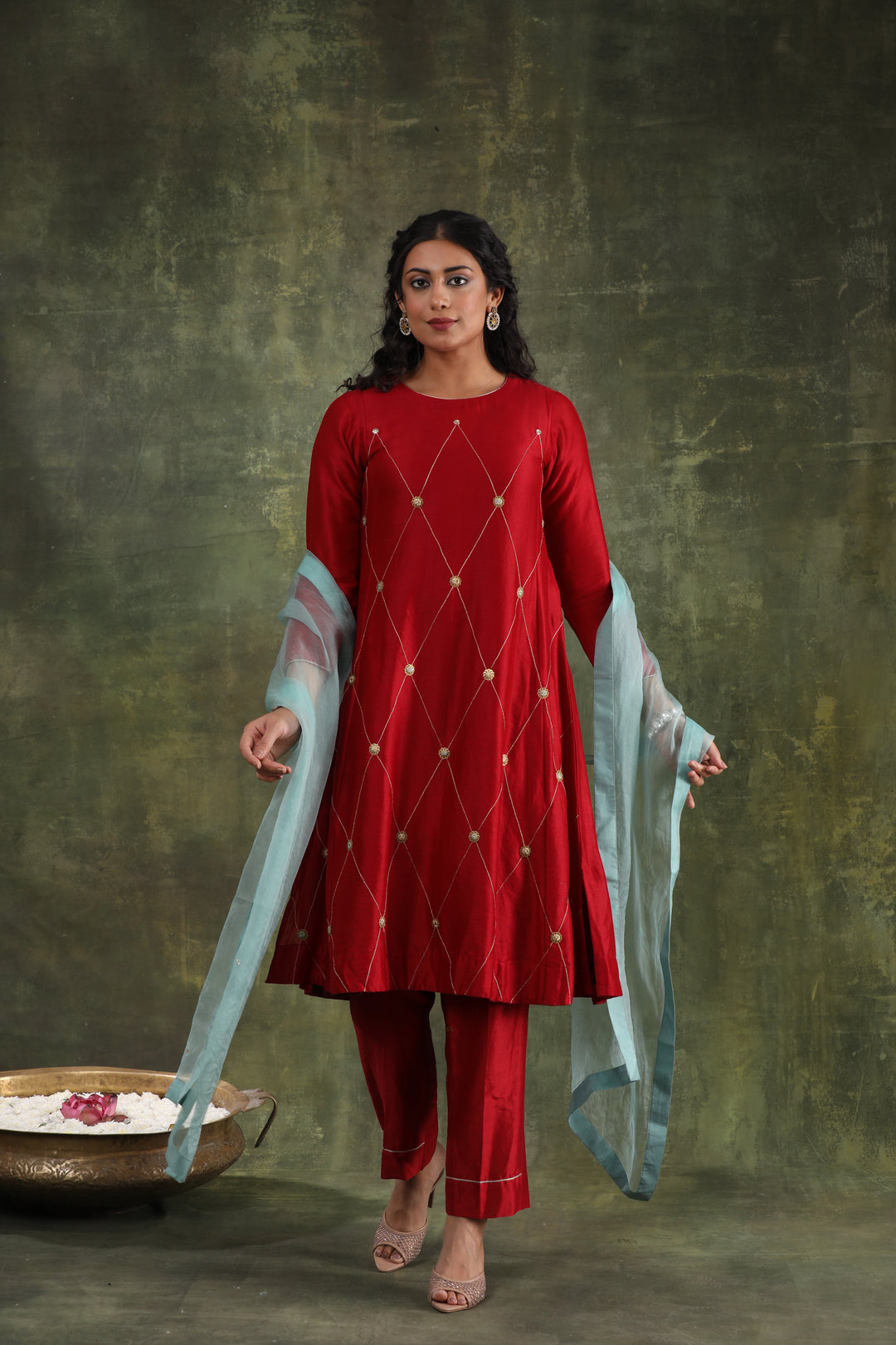 Magenta Pink Green Hand Embroidered Silk Chanderi Suit Set