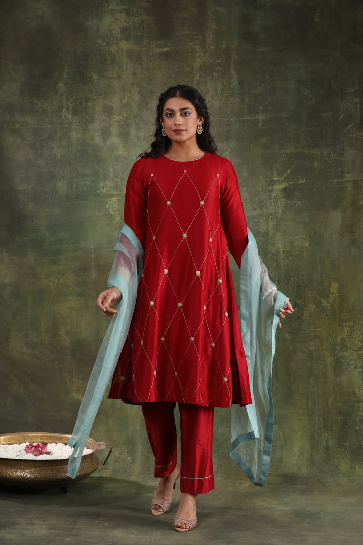 Magenta Pink Green Hand Embroidered Silk Chanderi Suit Set