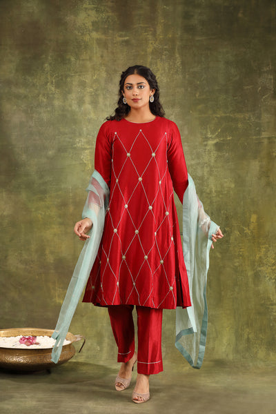 Red Hand Embroidered Ginni Silk Chanderi Suit Set