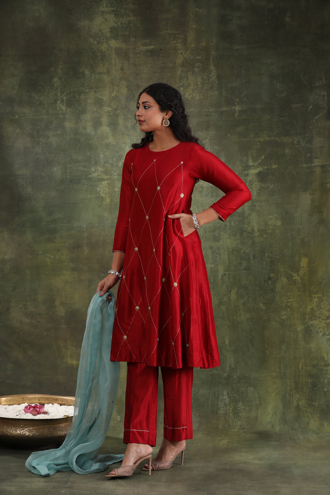 Magenta Pink Green Hand Embroidered Silk Chanderi Suit Set