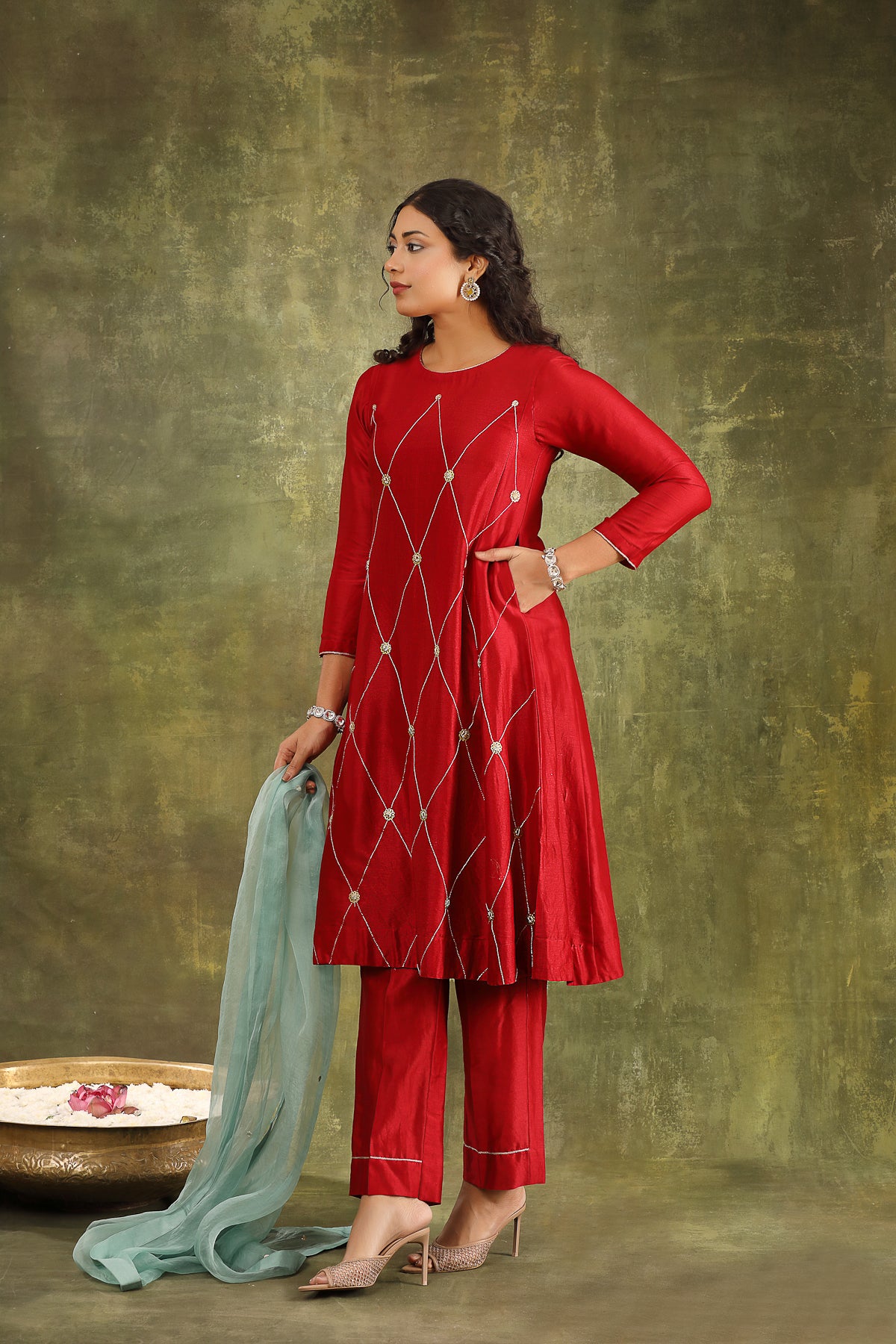 Red Hand Embroidered Ginni Silk Chanderi Suit Set