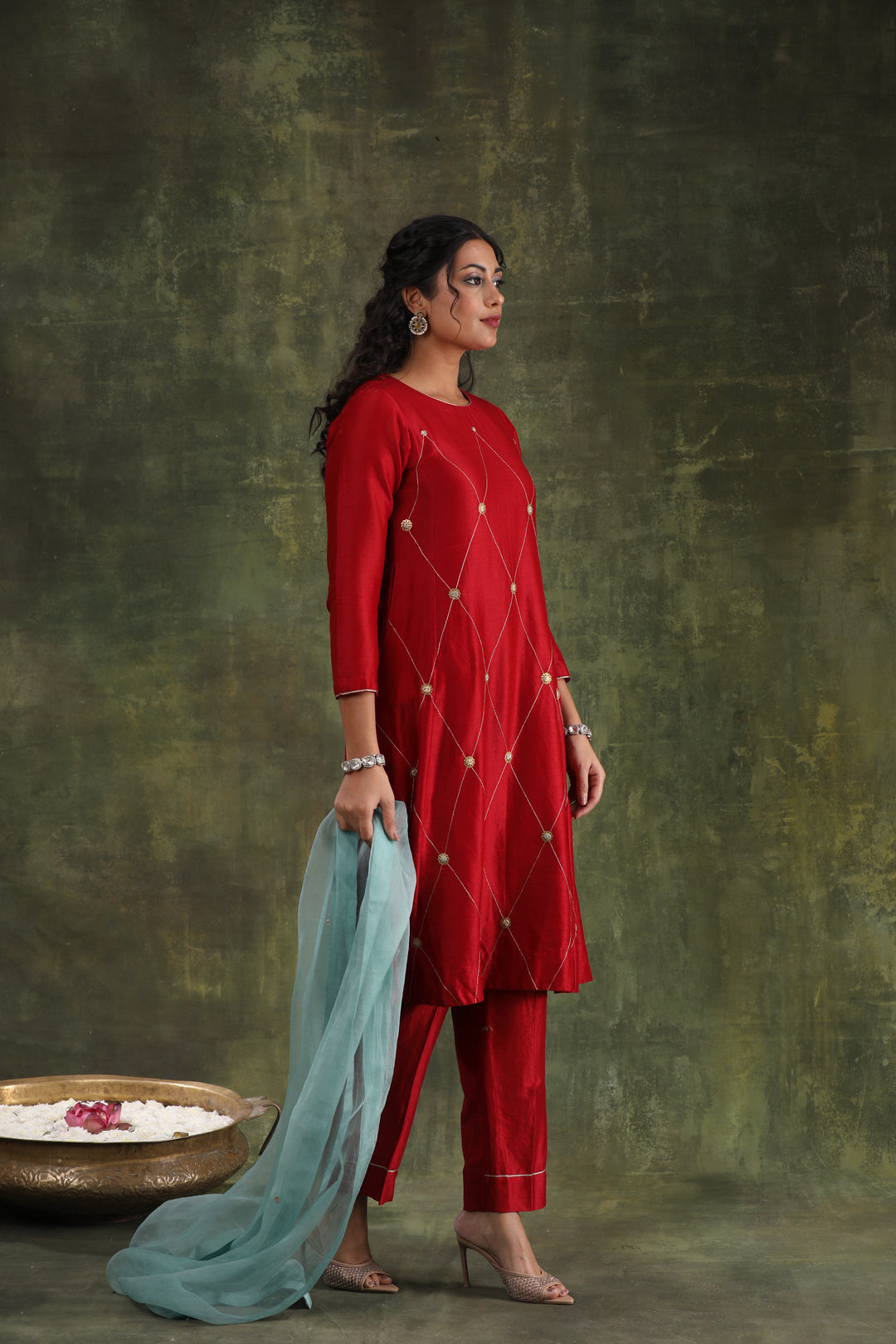 Magenta Pink Green Hand Embroidered Silk Chanderi Suit Set