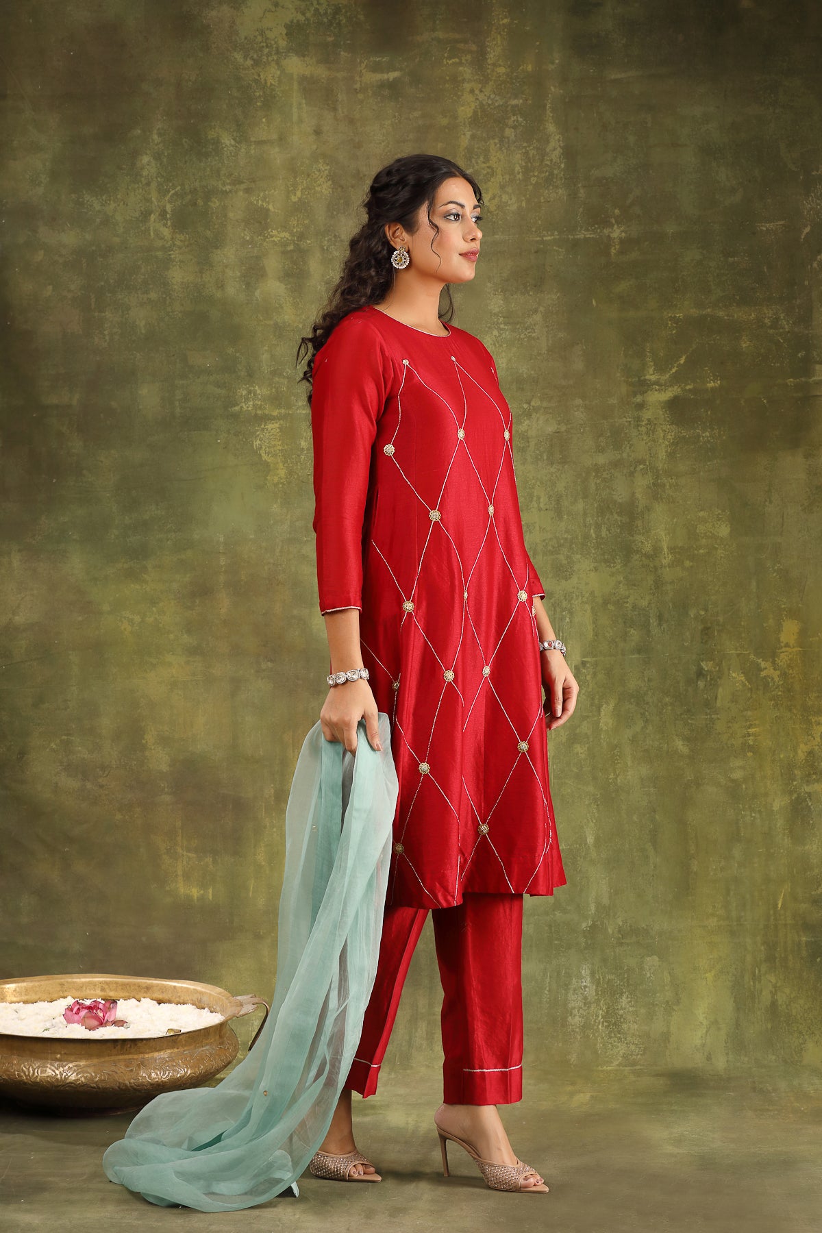 Red Hand Embroidered Ginni Silk Chanderi Suit Set