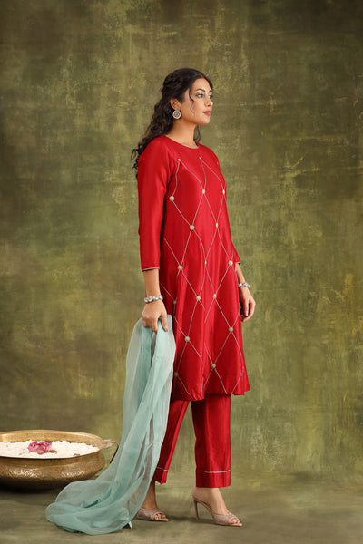 Red Hand Embroidered Ginni Silk Chanderi Suit Set