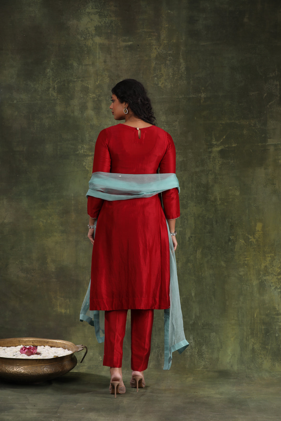 Magenta Pink Green Hand Embroidered Silk Chanderi Suit Set