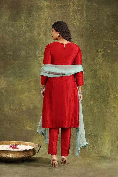 Red Hand Embroidered Ginni Silk Chanderi Suit Set