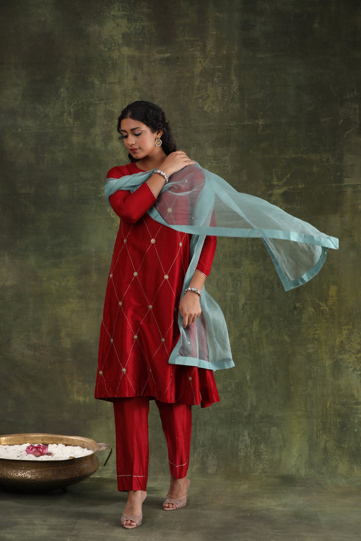 Magenta Pink Green Hand Embroidered Silk Chanderi Suit Set