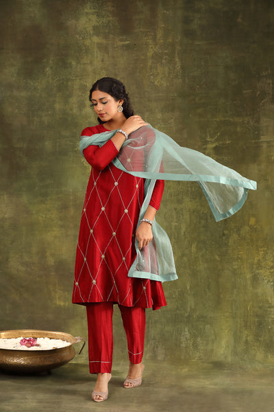 Red Hand Embroidered Ginni Silk Chanderi Suit Set