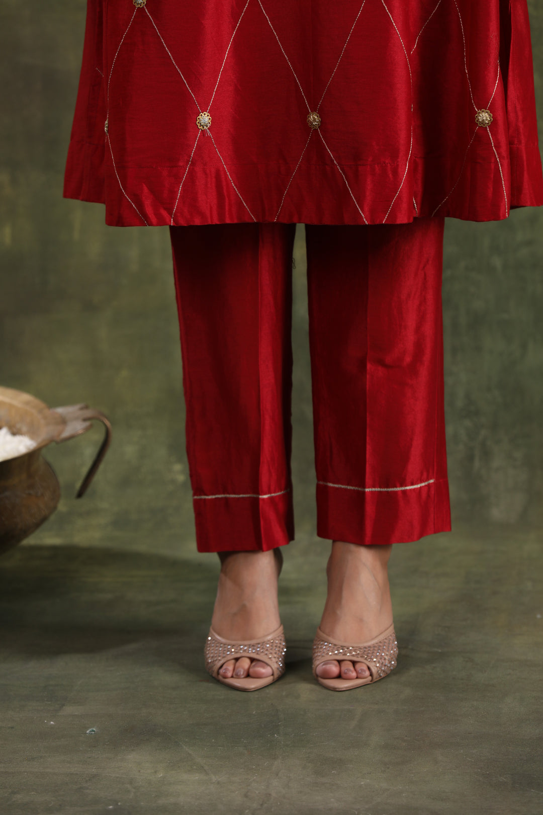 Magenta Pink Green Hand Embroidered Silk Chanderi Suit Set