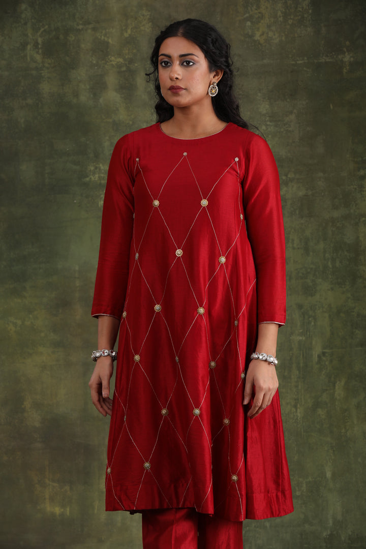 Magenta Pink Green Hand Embroidered Silk Chanderi Suit Set