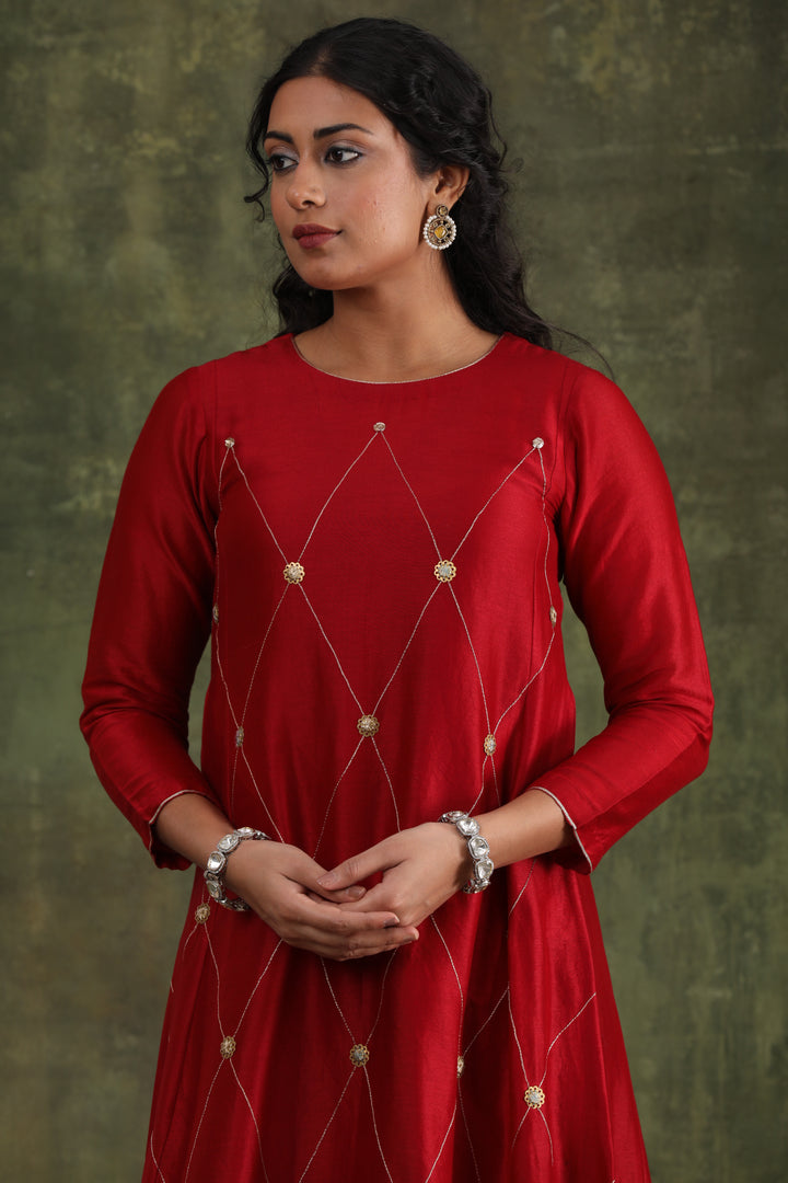 Magenta Pink Green Hand Embroidered Silk Chanderi Suit Set