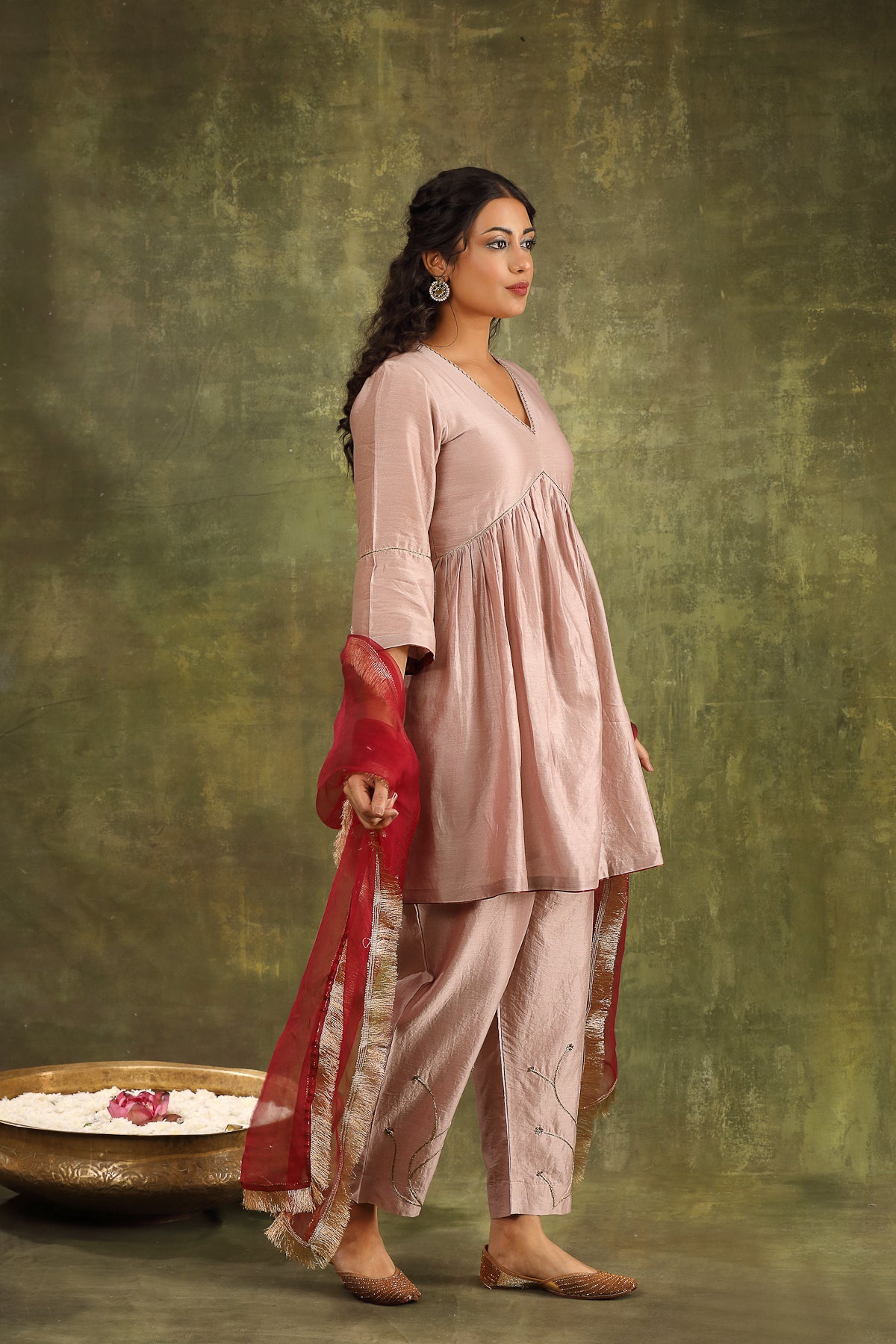 Dull Old Rose Hand Embroidered Silk Chanderi Salwar Kameez Set