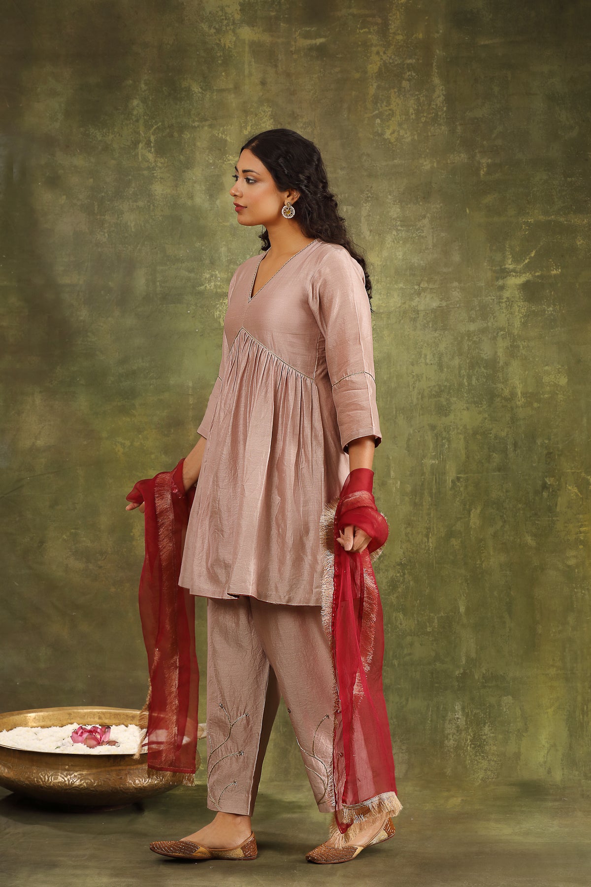 Dull Old Rose Hand Embroidered Silk Chanderi Salwar Kameez Set