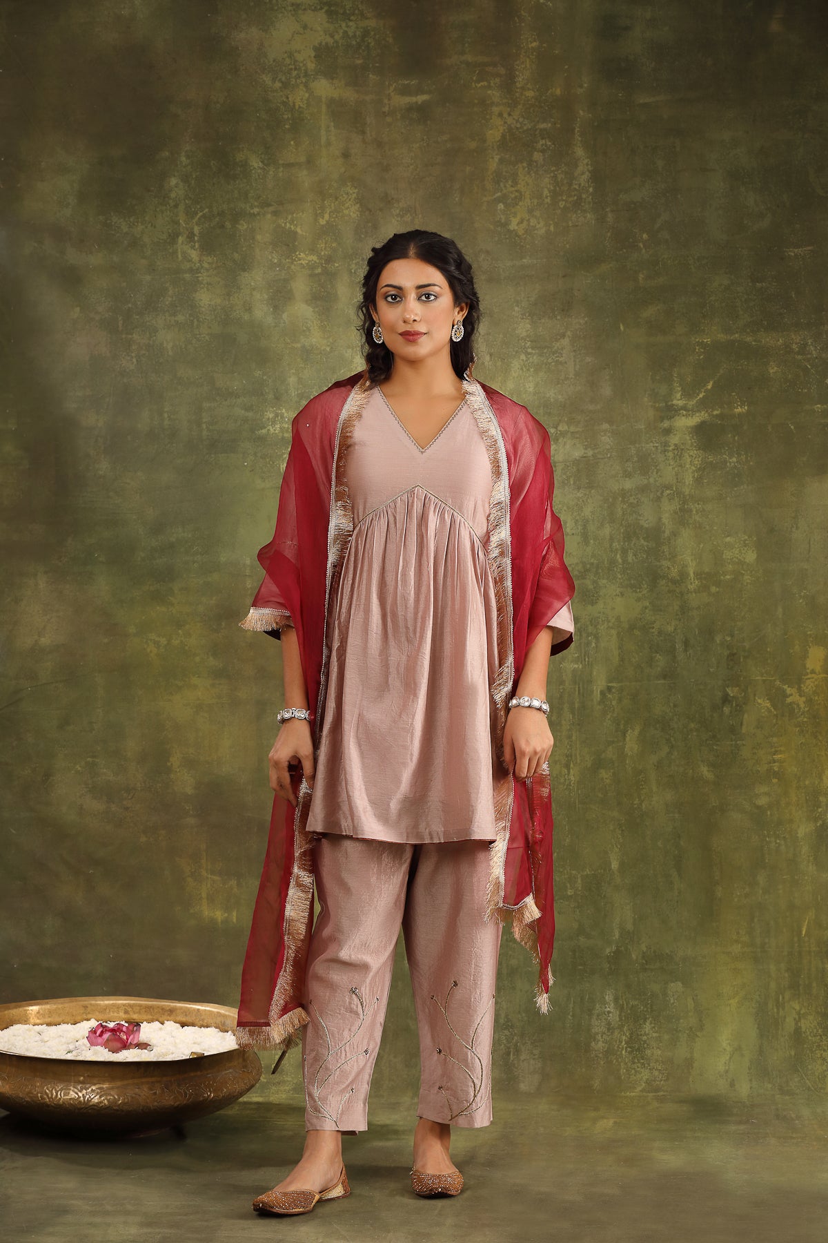 Dull Old Rose Hand Embroidered Silk Chanderi Salwar Kameez Set