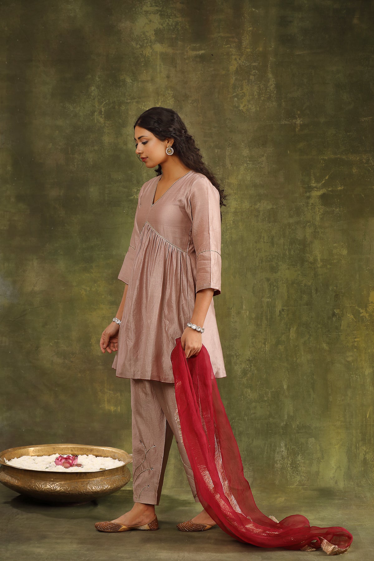 Dull Old Rose Hand Embroidered Silk Chanderi Salwar Kameez Set