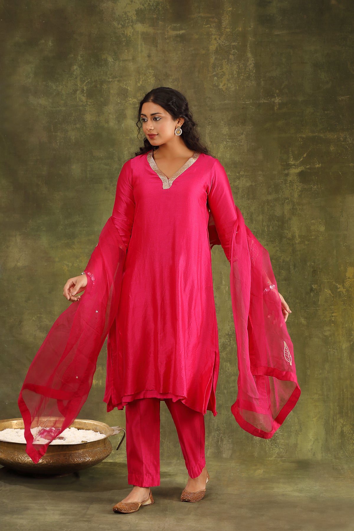 Magenta Pink Hand Embroidered Silk Chanderi Suit Set