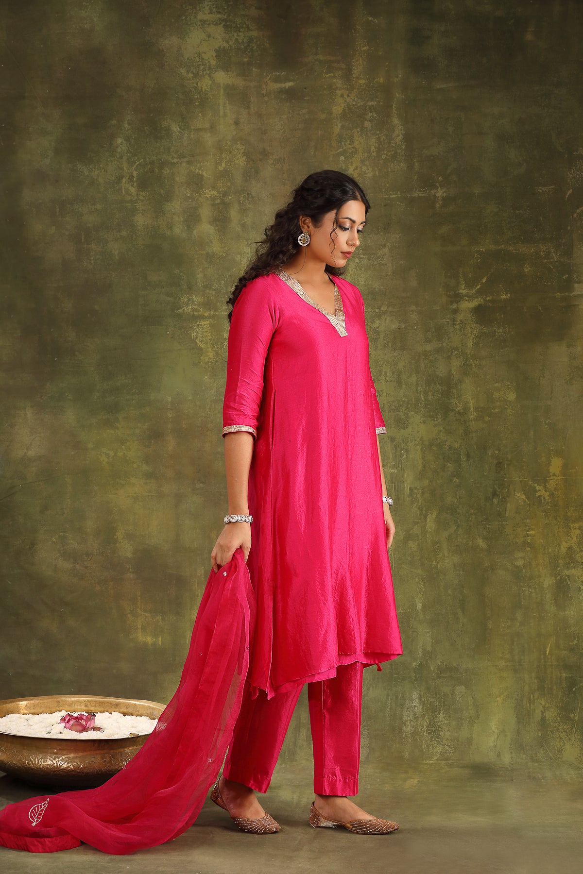 Magenta Pink Hand Embroidered Silk Chanderi Suit Set