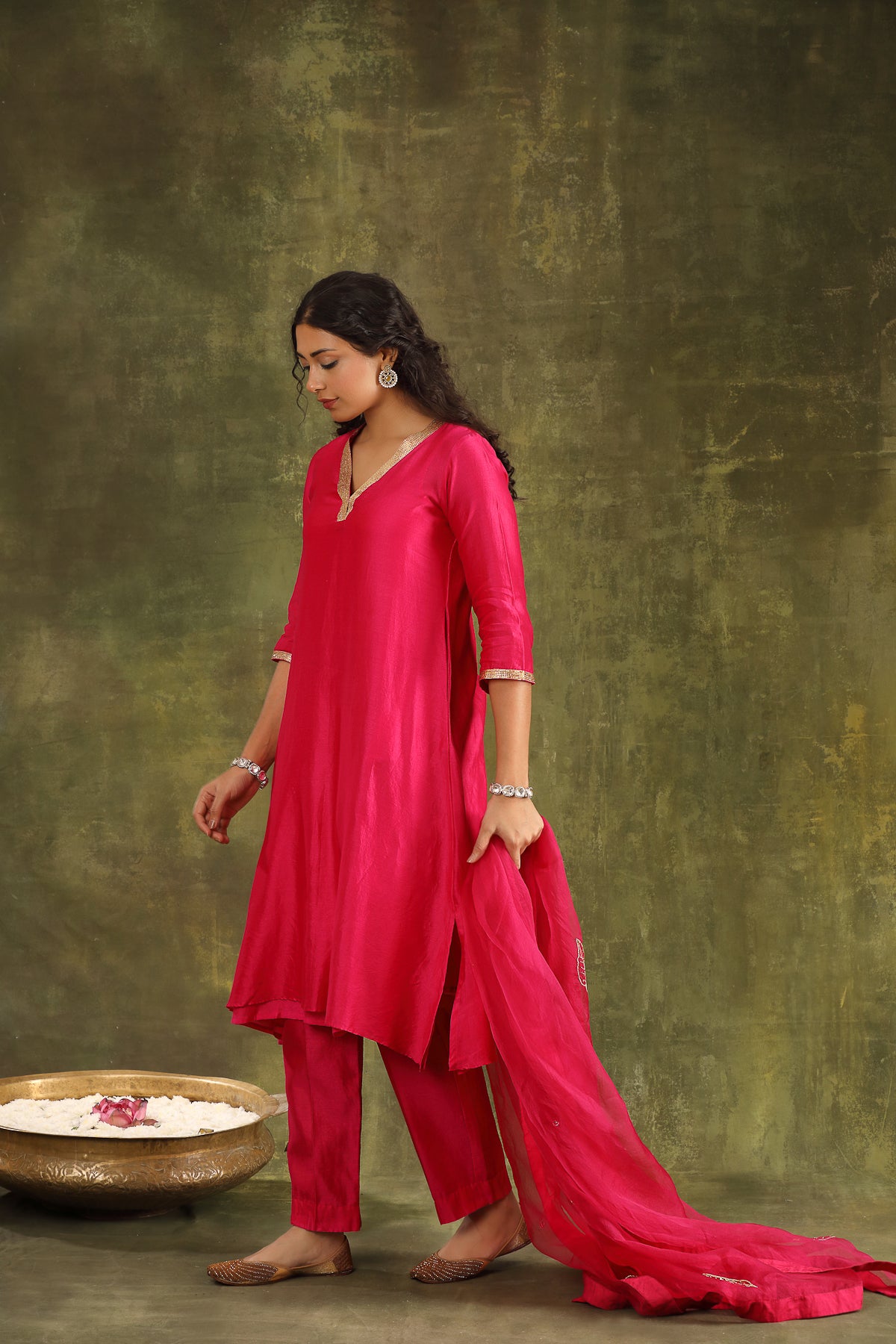 Magenta Pink Hand Embroidered Silk Chanderi Suit Set