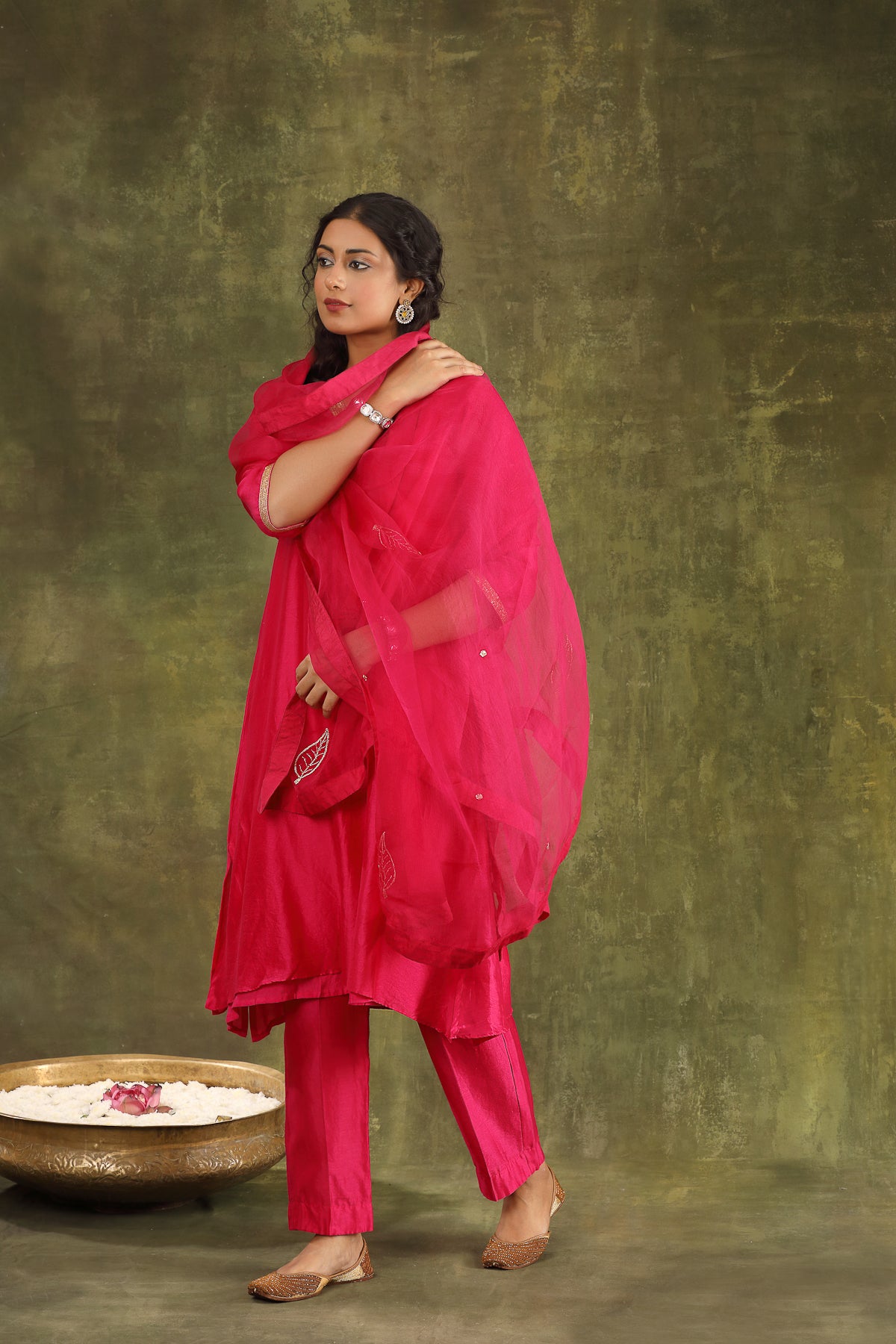 Magenta Pink Hand Embroidered Silk Chanderi Suit Set