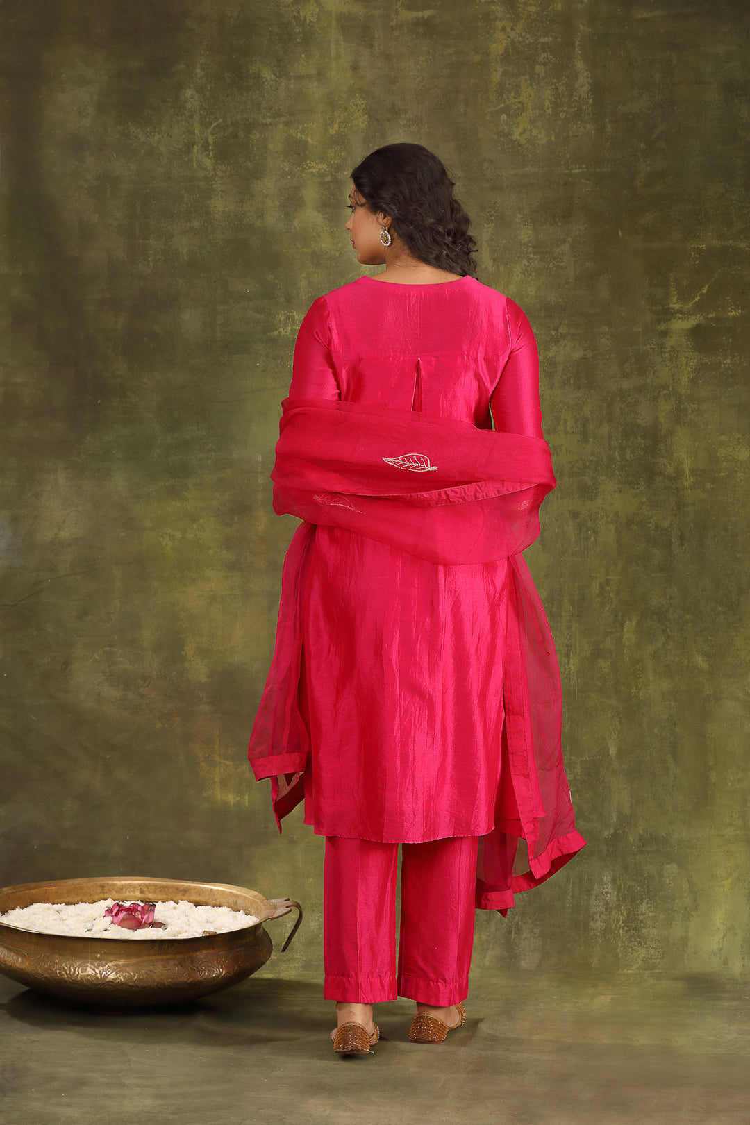 Magenta Pink Hand Embroidered Silk Chanderi Suit Set