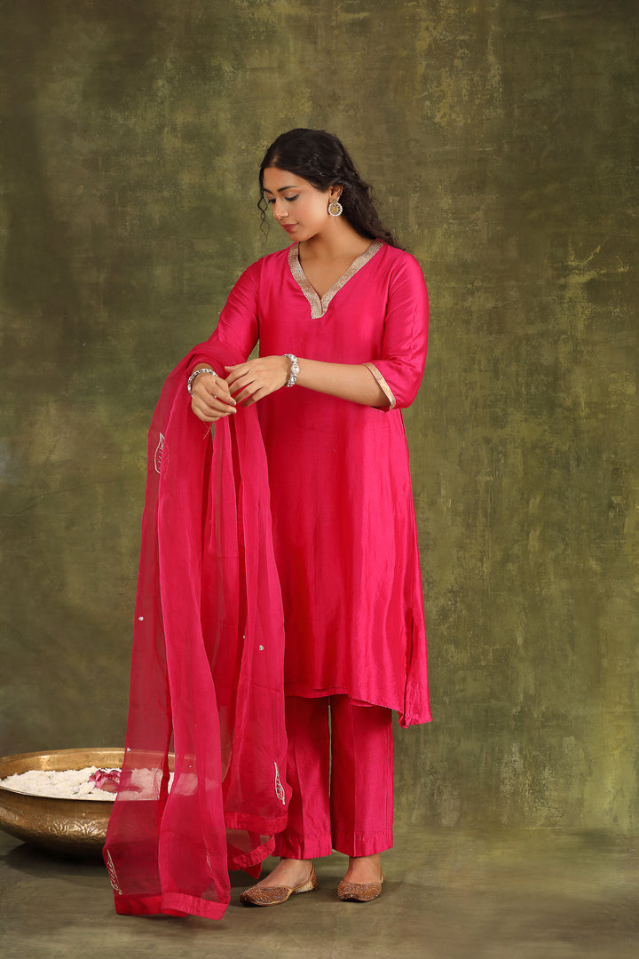 Magenta Pink Hand Embroidered Silk Chanderi Suit Set