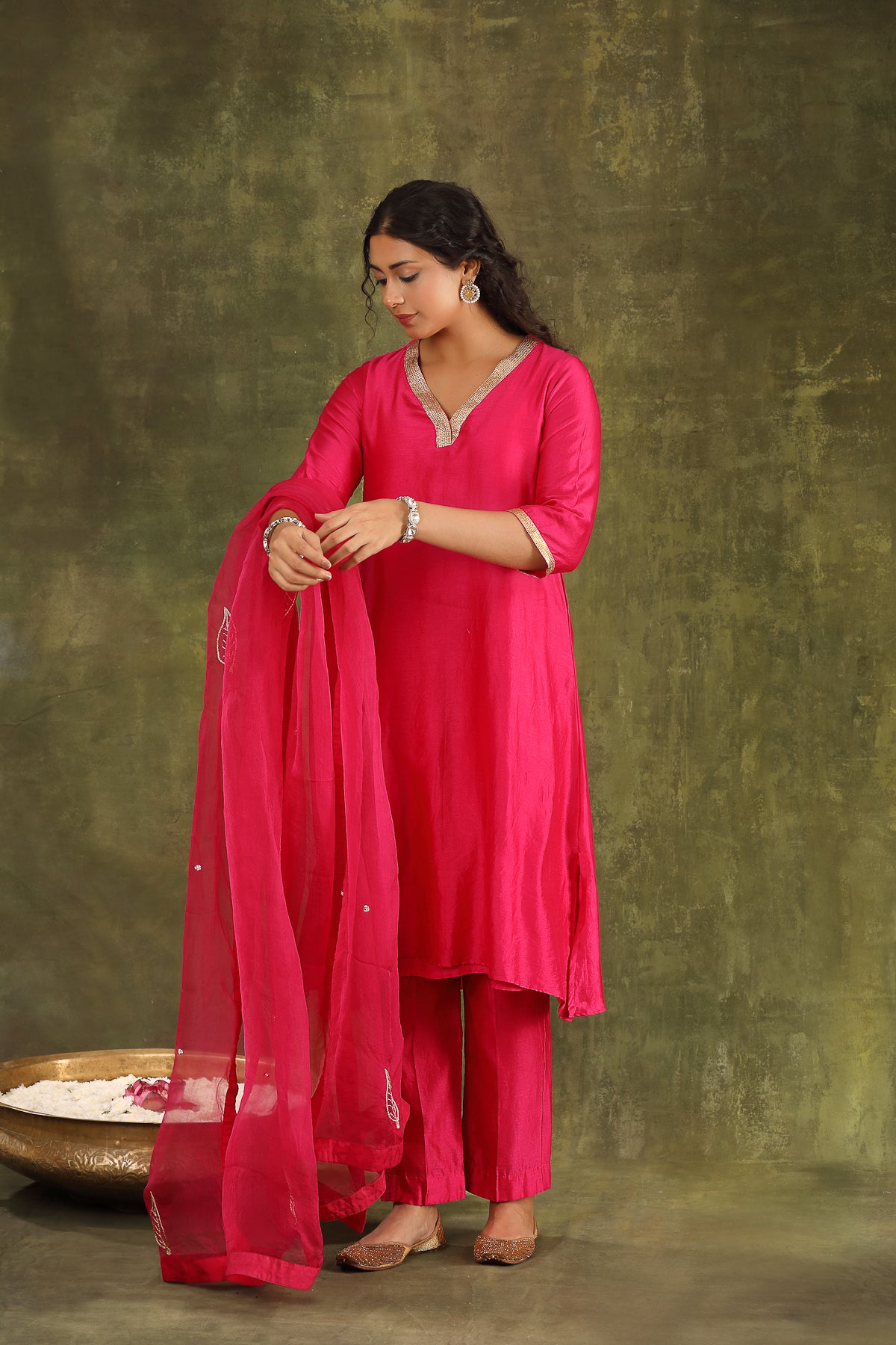 Magenta Pink Hand Embroidered Silk Chanderi Suit Set