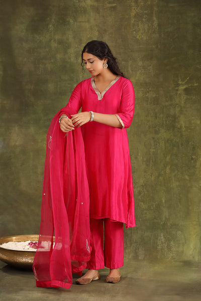 Magenta Pink Hand Embroidered Silk Chanderi Suit Set