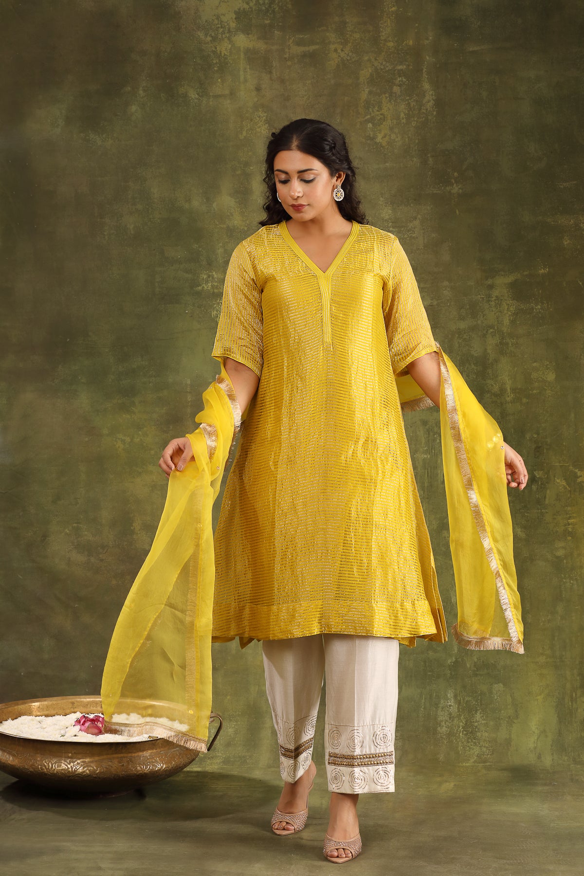 Yellow Silk Tissue Chanderi Kurta with Hand Embroidered Ivory Mughal Pants