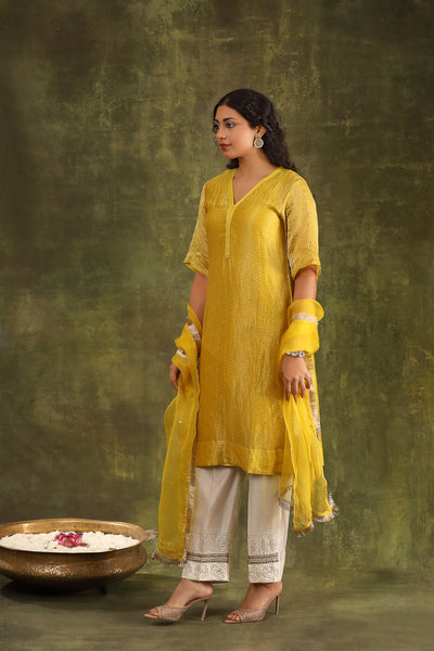 Yellow Silk Tissue Chanderi Kurta with Hand Embroidered Ivory Mughal Pants