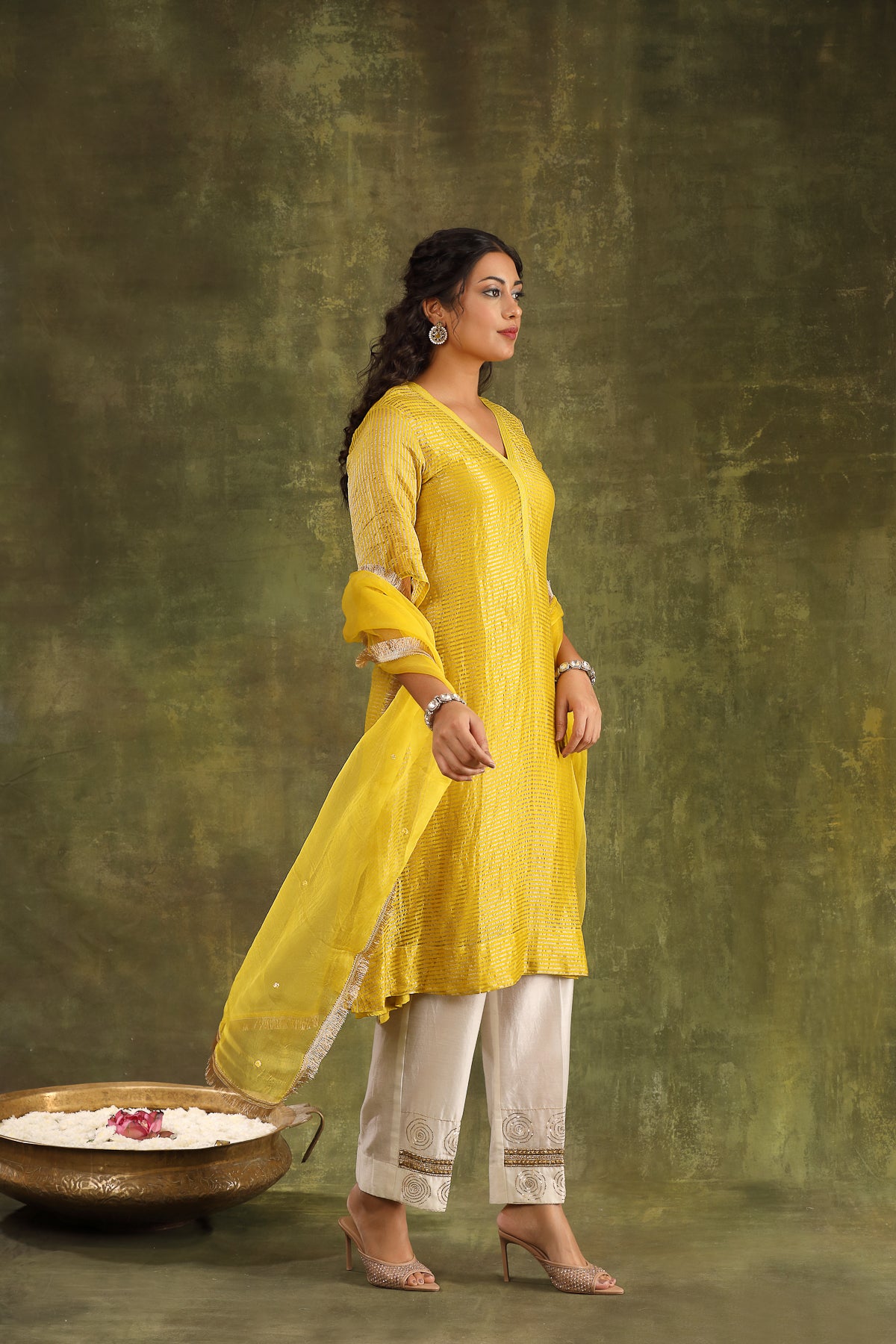 Yellow Silk Tissue Chanderi Kurta with Hand Embroidered Ivory Mughal Pants