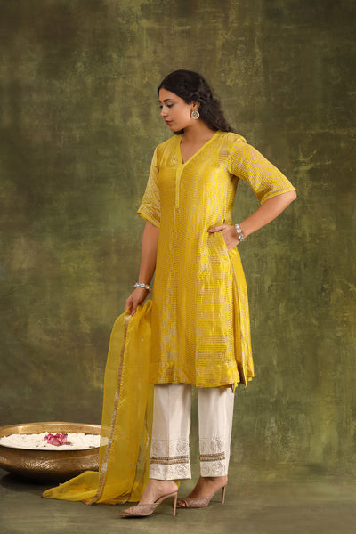 Yellow Silk Tissue Chanderi Kurta with Hand Embroidered Ivory Mughal Pants