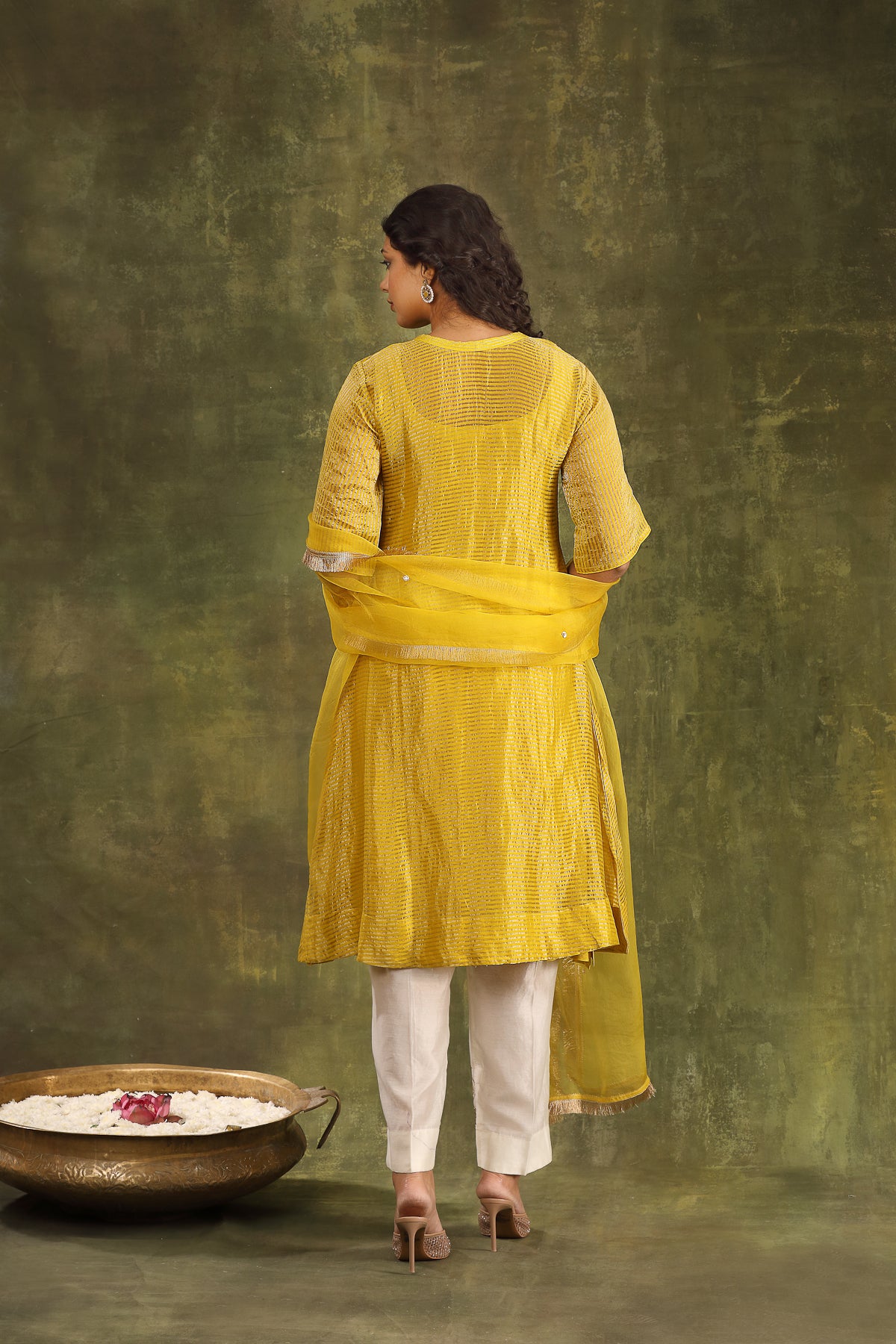 Yellow Silk Tissue Chanderi Kurta with Hand Embroidered Ivory Mughal Pants