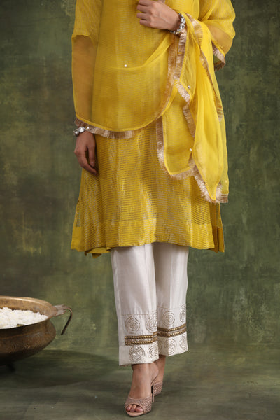 Yellow Silk Tissue Chanderi Kurta with Hand Embroidered Ivory Mughal Pants