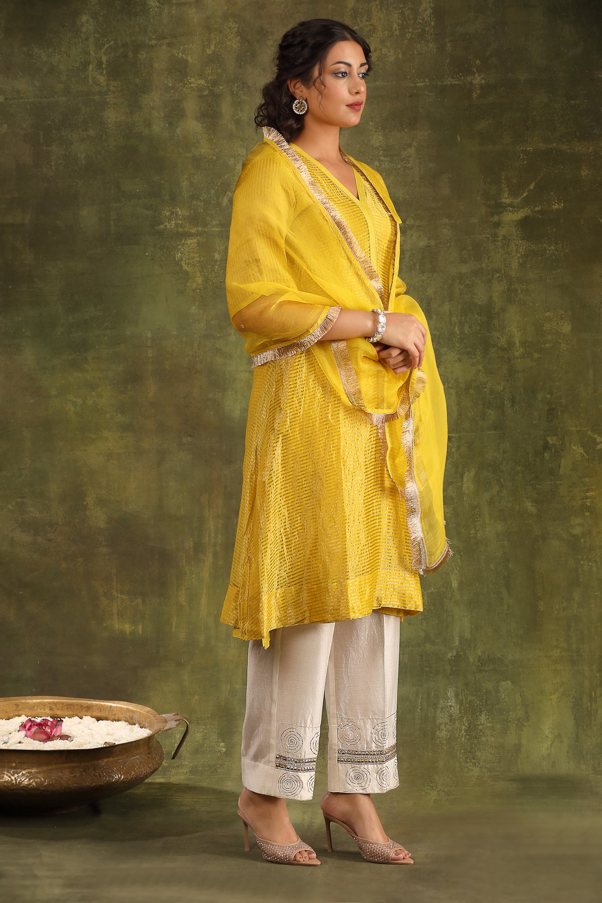 Yellow Silk Tissue Chanderi Kurta with Hand Embroidered Ivory Mughal Pants