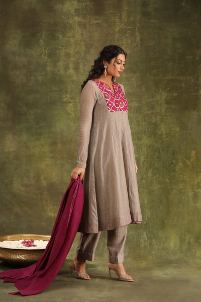 Grey Hand Embroidered Brocade Patch Silk Chanderi Suit Set