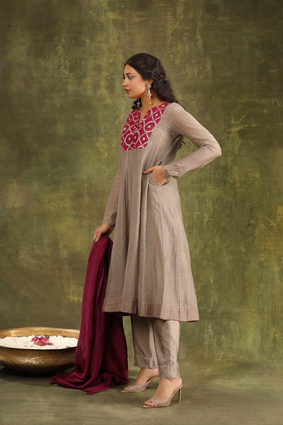 Grey Hand Embroidered Brocade Patch Silk Chanderi Suit Set