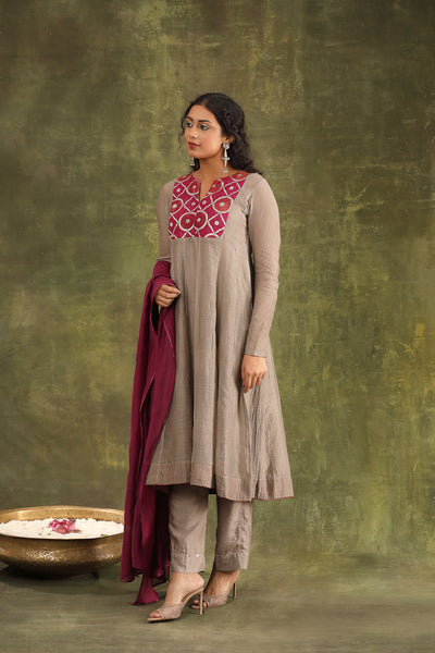 Grey Hand Embroidered Brocade Patch Silk Chanderi Suit Set