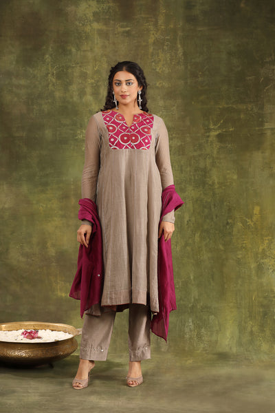 Grey Hand Embroidered Brocade Patch Silk Chanderi Suit Set