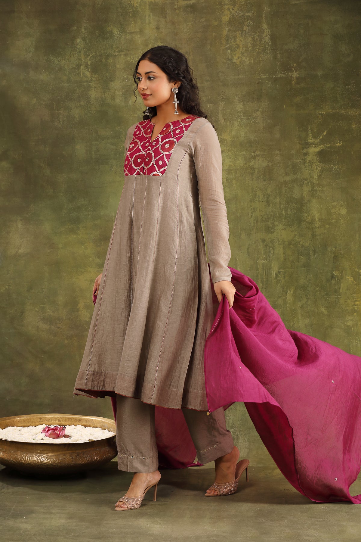 Grey Hand Embroidered Brocade Patch Silk Chanderi Suit Set